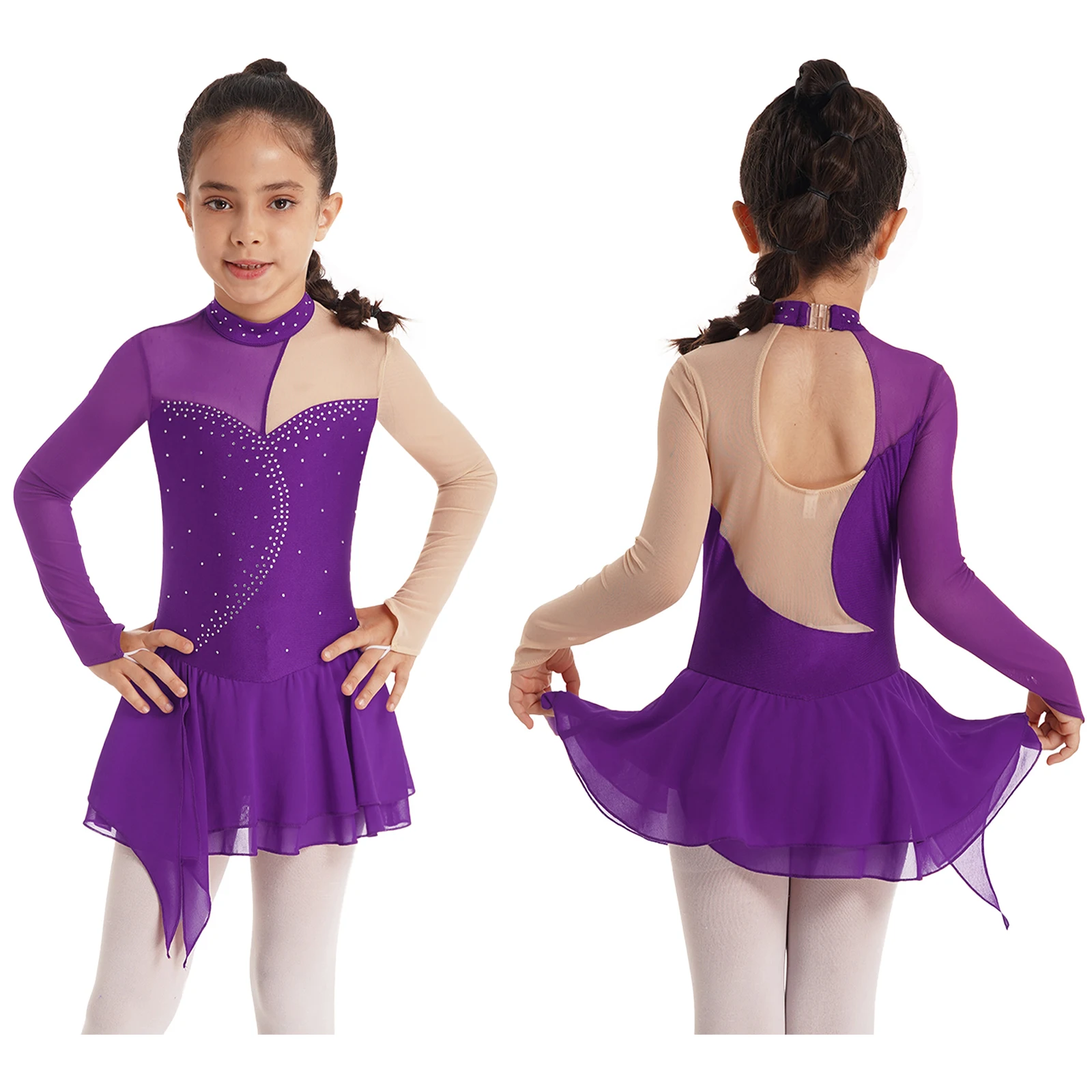 

Girls Gymnastic Ballet Leotard Tutu Dress Kids Long Sleeve Round Collar Ballerina Dancewear Figure Ice Skating Dance Costume