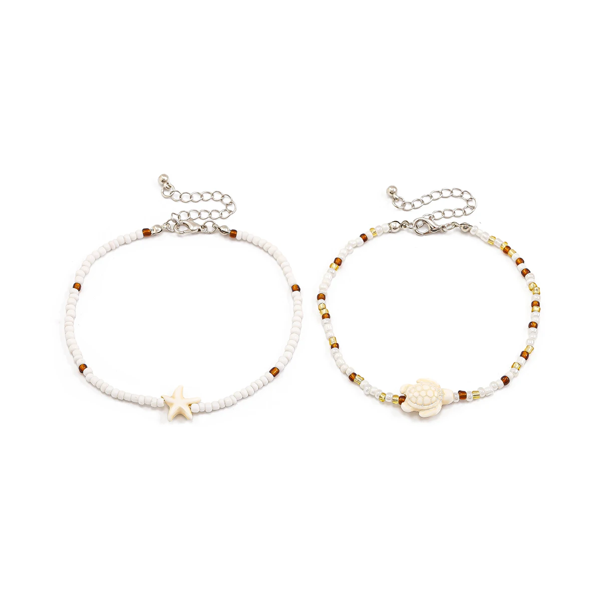 Ingemark Kpop Boho Starfish Turtles Conch Seed Beads Chain Anklet 2Pcs For Women Summer Beach Sweet Ankle Barefoot Y2K Jewelry ankle chains beads anklet fashion accessories