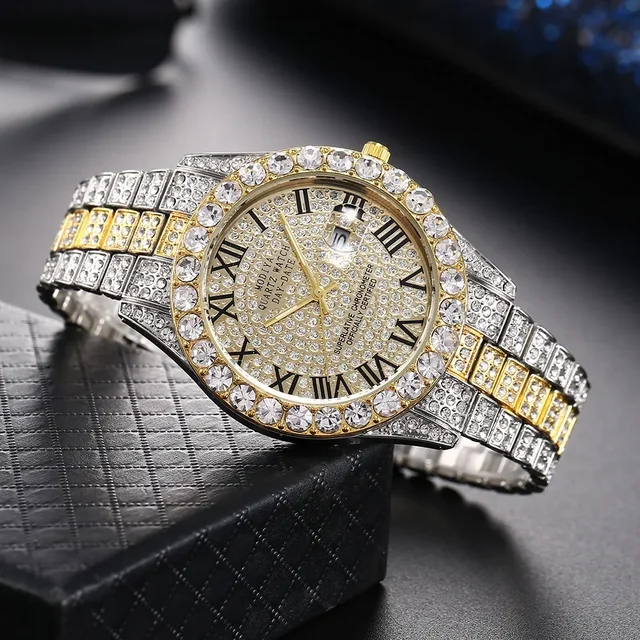 Offre spéciale diamant Bling montre hommes couleur or cadeau de luxe montres à Quartz mâle horloge livraison directe strass calendrier montre-bracelet 1