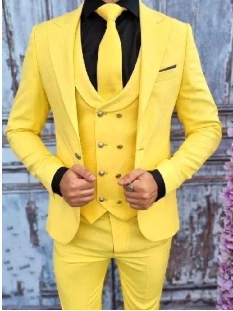 

Yellow Men Suit Prom Tuxedo Slim Fit 3 Piece Groom Wedding Suit For Men Blazer Terno Masuclino 3 Pieces (jacket+vest+pant)