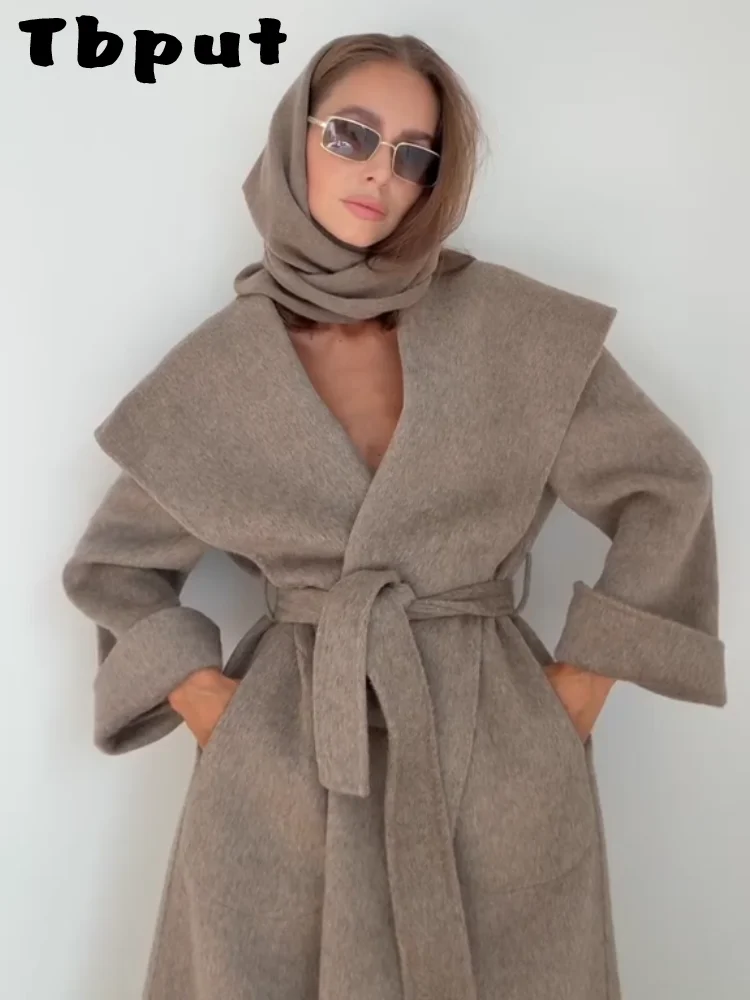 Elegant Wool Women Long Coat Solid Shawl Collar Open Stitch Lace