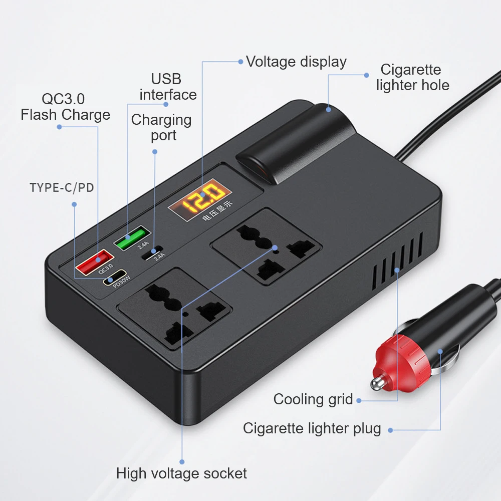 מתאם מצת סיגרים 200W, ממיר מתח לרכב, ממיר מתח DC 12V 24V ל-220V, 7 יציאות, מטעני USB מסוג PD Type-C, שקע AC