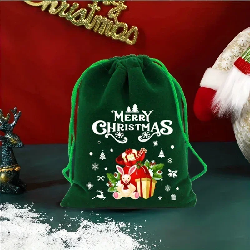 10Pcs Green Storage Fleece Green Drawstring Bags Candy Gift Bags Jewelry Packaging New Year Party Favors