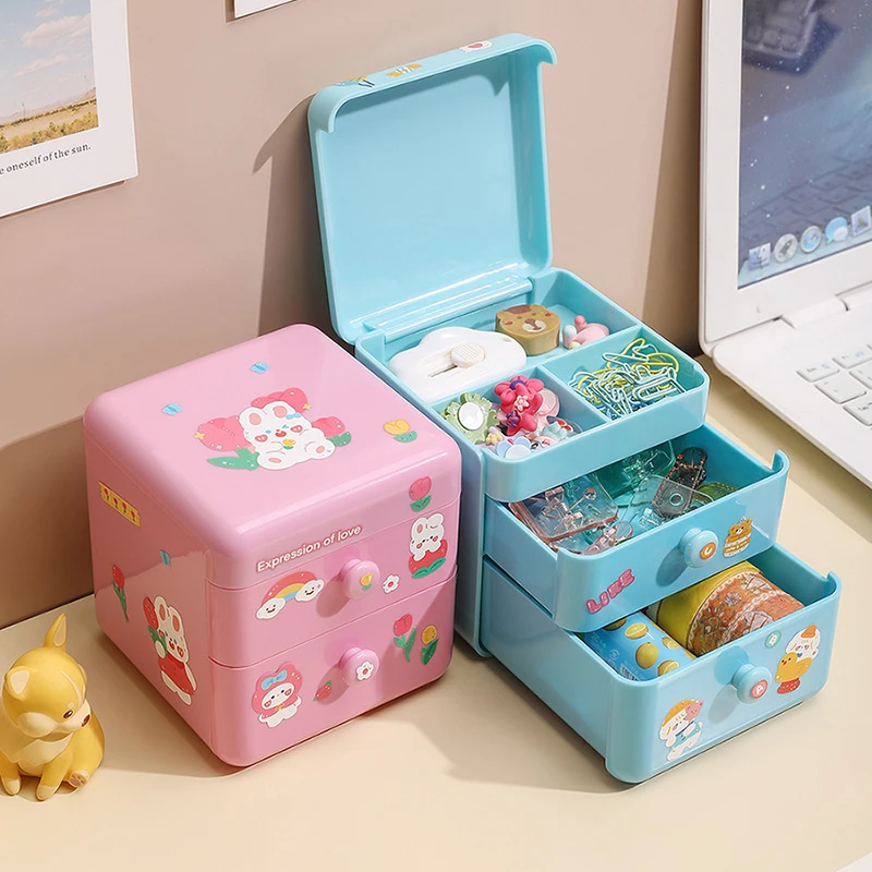 Kawaii Desktop Organizer Drawer Cute Flip Lid Desk Storage Box Pen