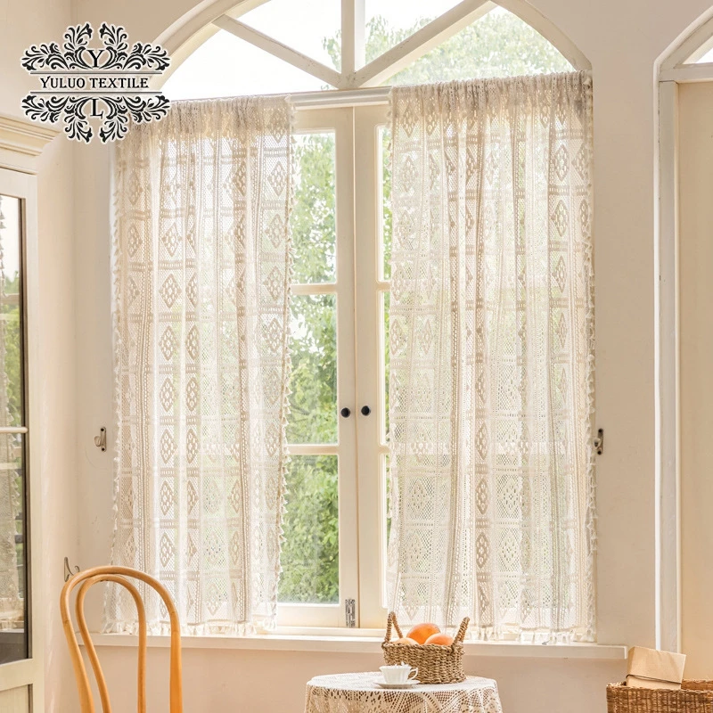 Tende Corte all'Uncinetto Fatte a Mano, Ricamo di Pizzo Rurale Americano Mezza Tenda per La Decorazione di Sala da Pranzo, Cucina E caffè(W*H:90x45cm(35x18inch), A(Rod Pocket