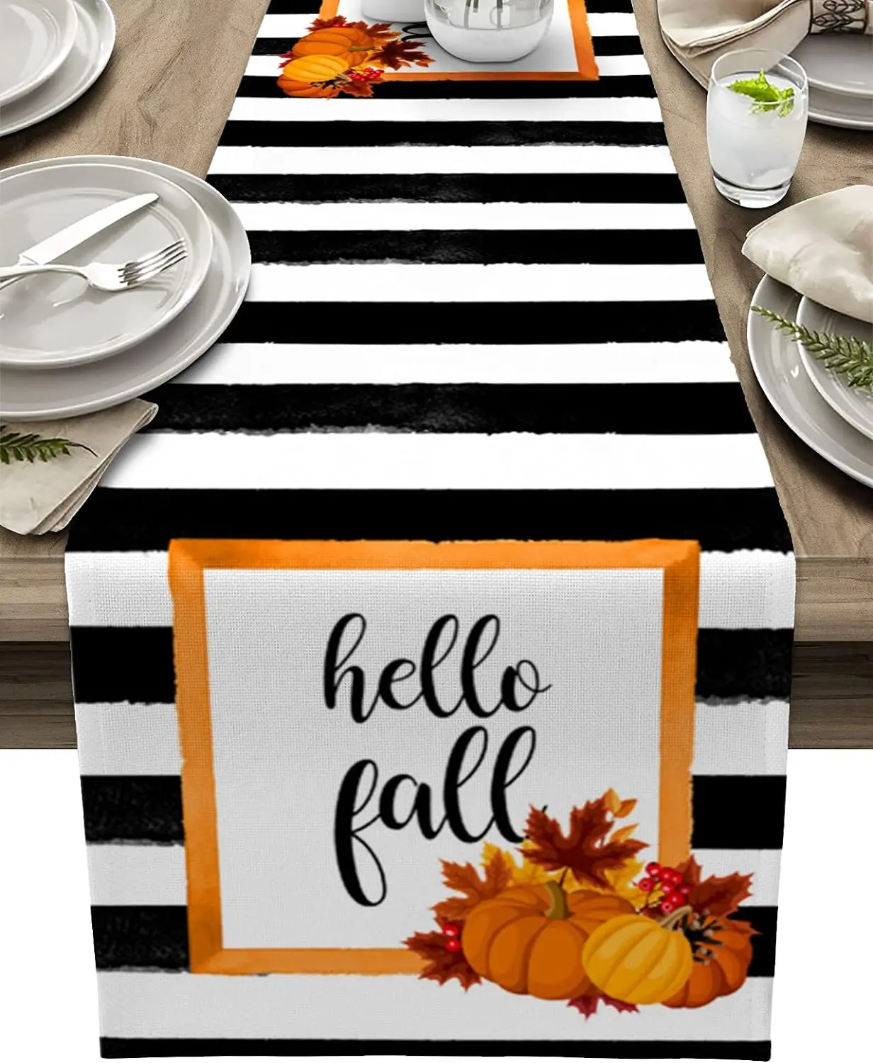 

Autumn Pumpkin Maple Leaves Black White Stripes Linen Table Runners Fall Farmhouse Holiday Party Decor Family Dining Table Decor