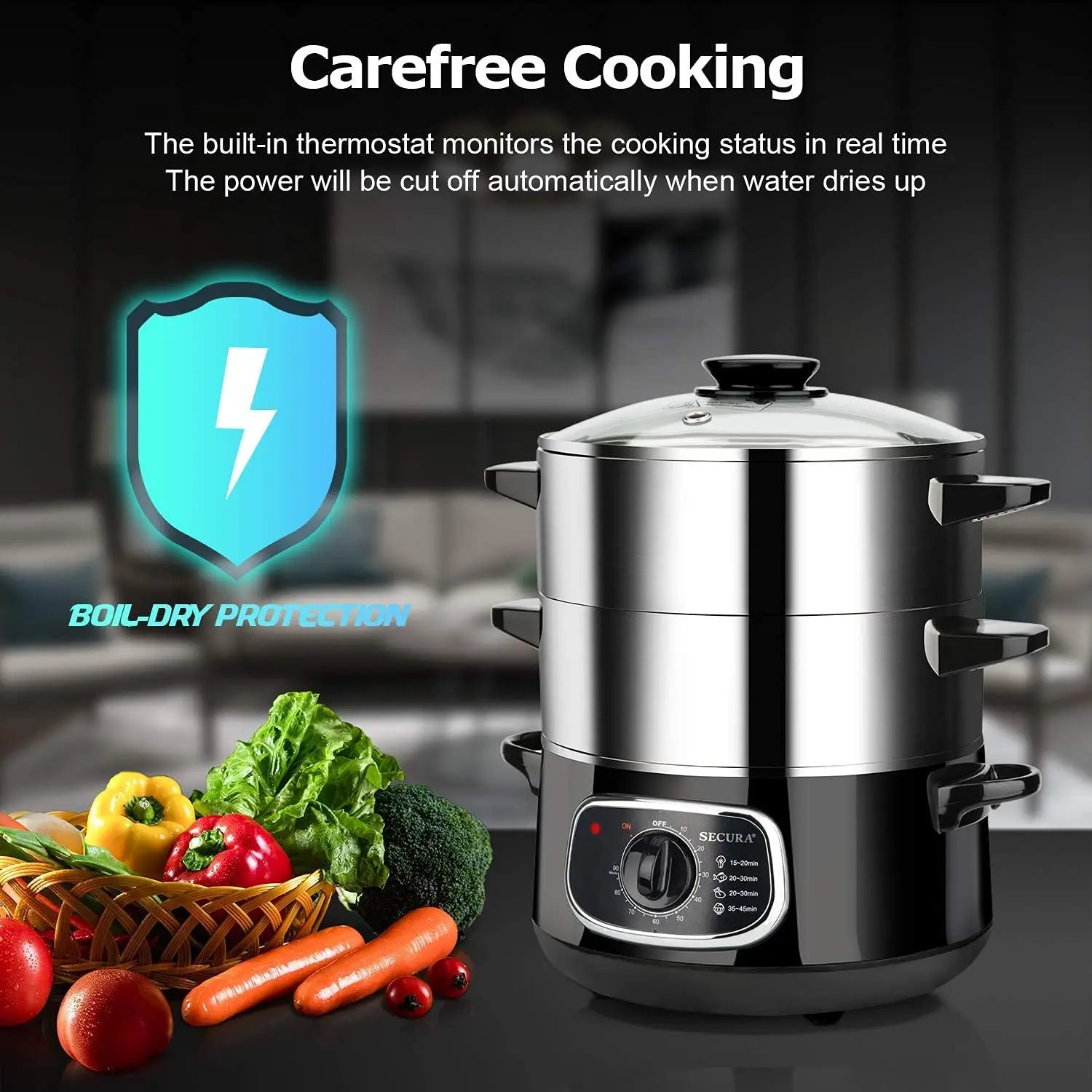 Stainless Steel Food Steamer 8.5 Qt Electric Glass Lid Vegetable Steamer Double Tiered Stackable Baskets with Timer 6