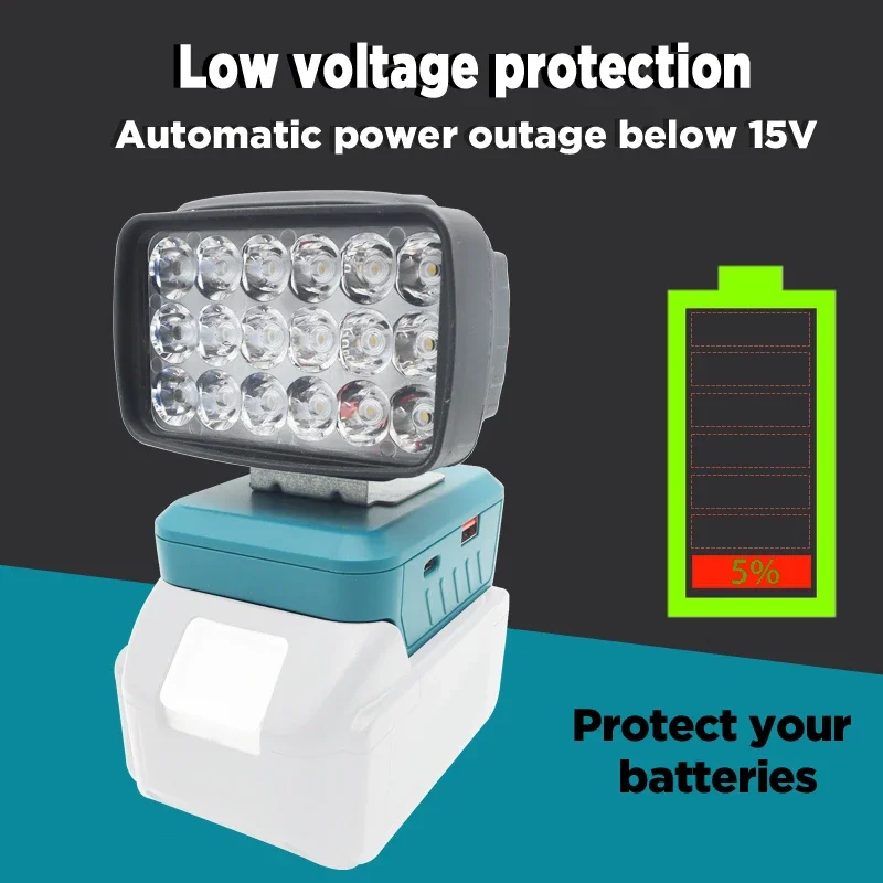 자동차 LED 작업 조명 손전등 Makita Lomvum Zhipu Hongsong Jingmi 14.4V 18V 리튬 이온 배터리 BL1830 용 전기 토치 스포트라이트