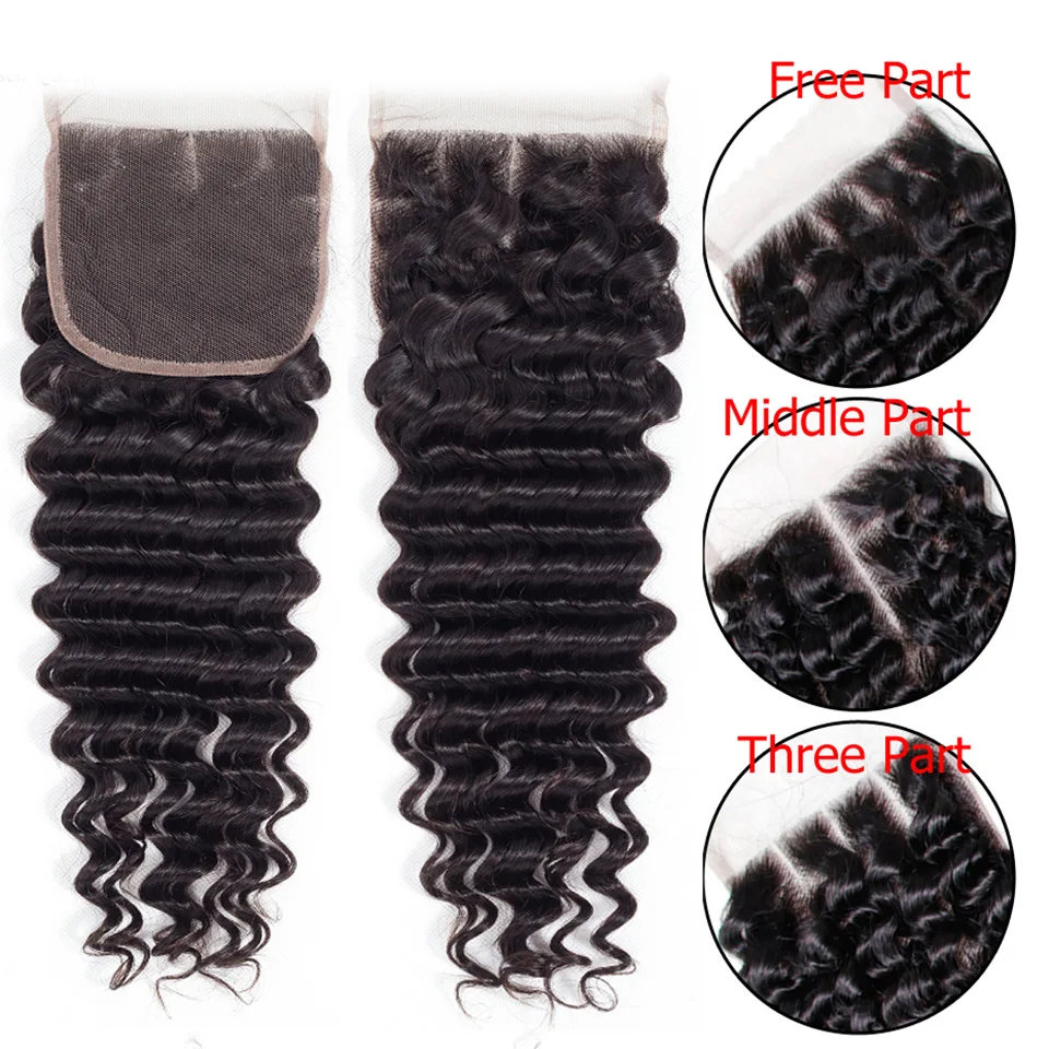 Deep Wave Human Hair Lace Closure 4x4 Brazilian Virgin Hair Pre-Plucked Transparent Swiss Lace 150% Density 10-22 Inch