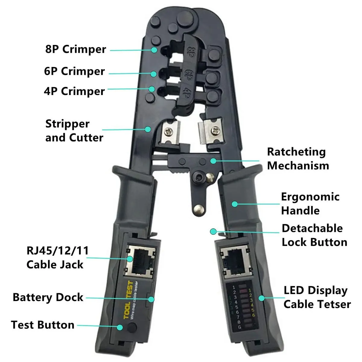 Zoerax Tudo em um Cabo Tester Crimper para Rj45 Rj12 Rj11 Modular Plugues Conectores de Rede Tira de Corte de Teste e Ferramenta de Crimpagem - Imagem 5