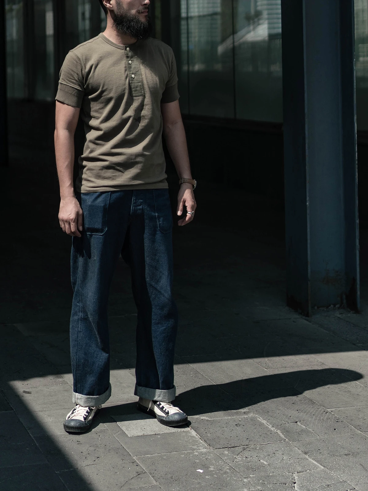 Red Bronson American Retro Henry Collar Base irt ort Sve T-irt Pure Cotton Khaki f Sve Tee Youth Casual Wear