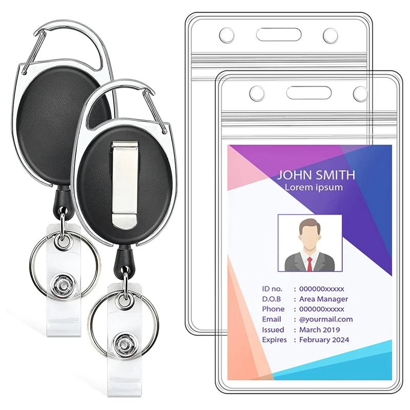 

2 PCS ID Badge Holder With Retractable Badge Reel Clear Vertical ID Card Holder Plastic With Heavy Duty Carabiner Badge Reel