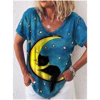 Fashion Woman Blouses 2022 T-shirt Women's 3d Cats Print Black Kawaii V-neck T Shirt Female Clothing Oversized Summer Tops Tees 23