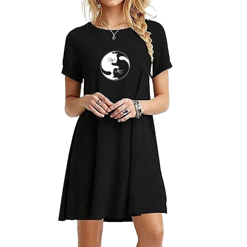 

Summer Women Mini Sexy Street T-shirt Dress Casual Loose Dress O Neck Short Sleeve Cute Cat Print Dress for Female