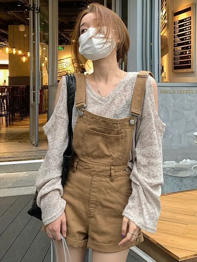 

Khaki Playsuits Women Denim Summer Simple All-match Korean Style Vintage Ins Casual College Chic Wide Leg Loose Rompers Ulzzang