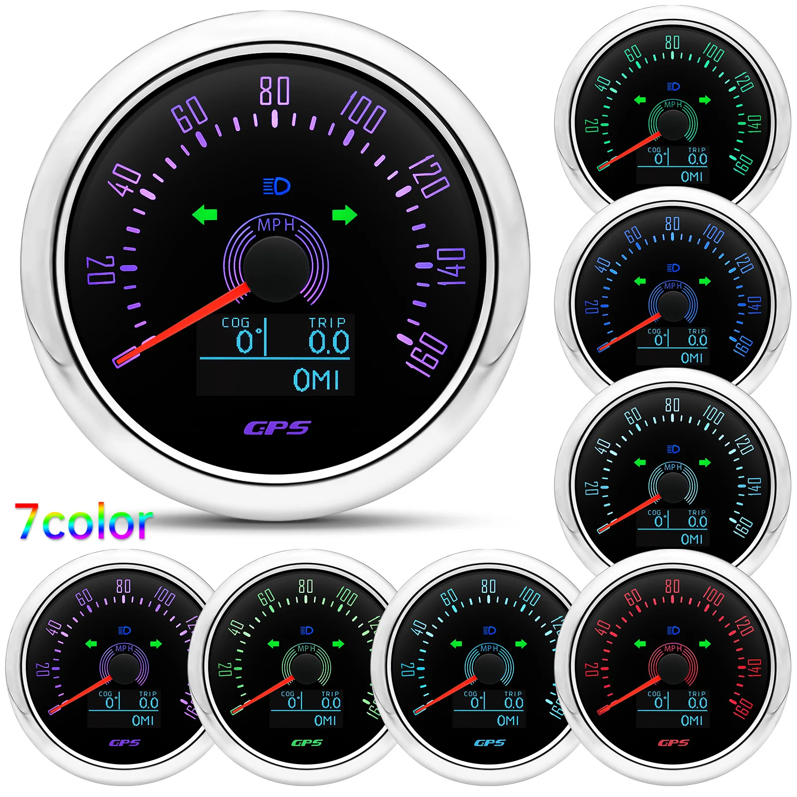 7-Farben-Hintergrundbeleuchtung GPS-Tachometer mit GPS-Antenne 0-160MPH/0-200KMH 85MM Geschwindigkeitsmesser für Auto, Marine, Boot 12V 24V – Detail 16
