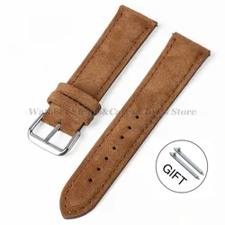 Vintage Handmade Suede Leather Watchband with Stitching Details for 22mm (Brown)