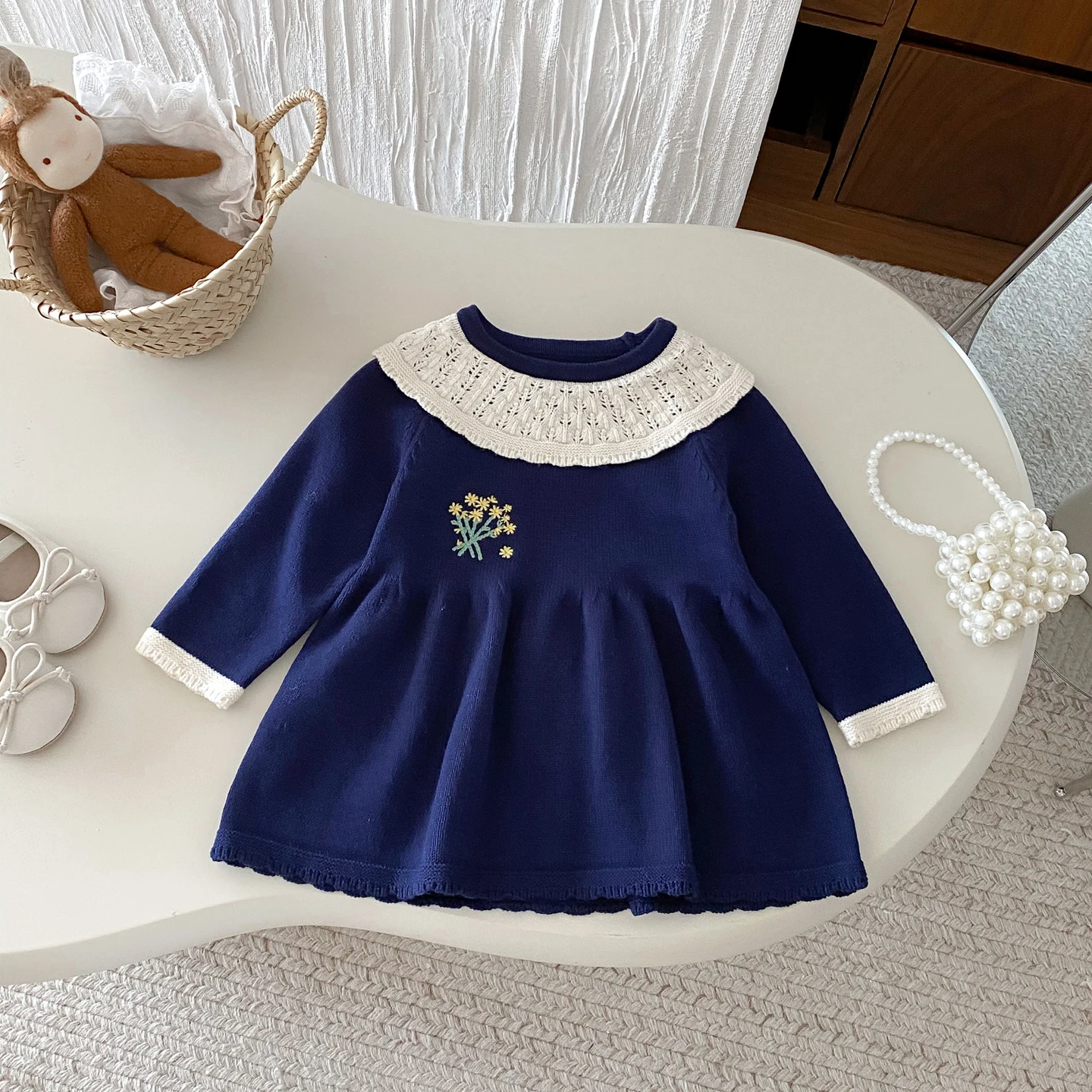 Navy Sweater Knit Dress for Kids with Ruffle Collar
