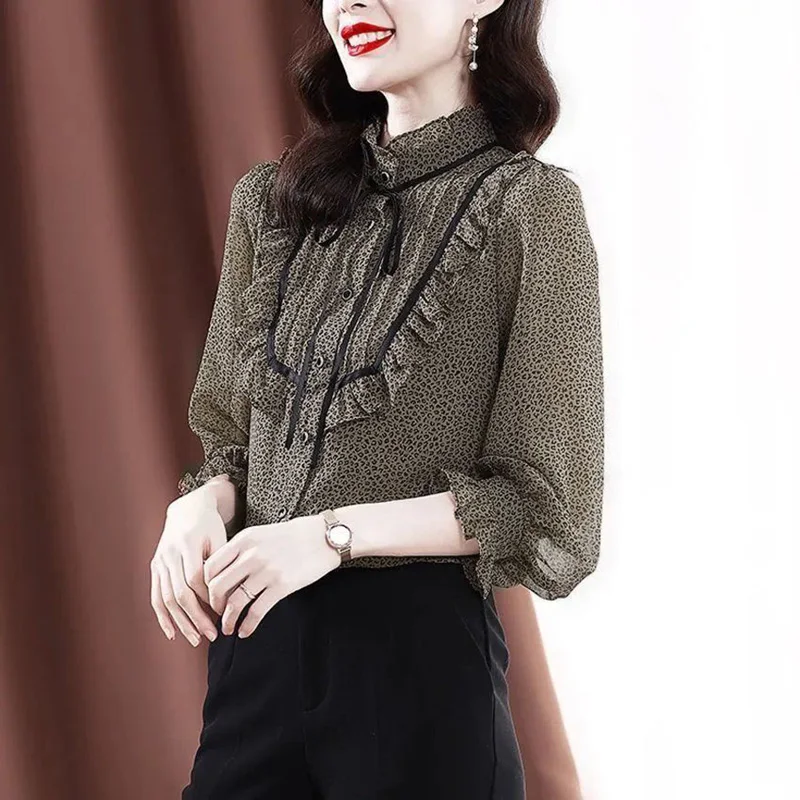 

Fashion Chiffon Lace Up Ruffles Leopard Blouses 2022 New Commute Tops Elegant Women's Clothing Button Lantern Sleeve Shirt