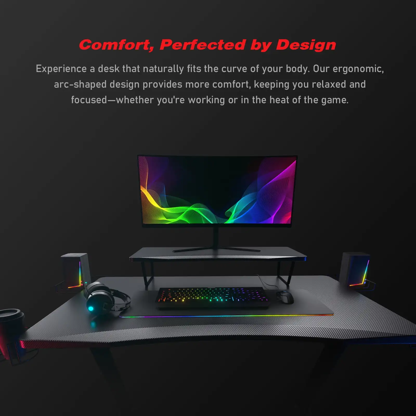 Ergonomic Curved 3-Sided LED Z-Leg Gaming Desk, Black 2