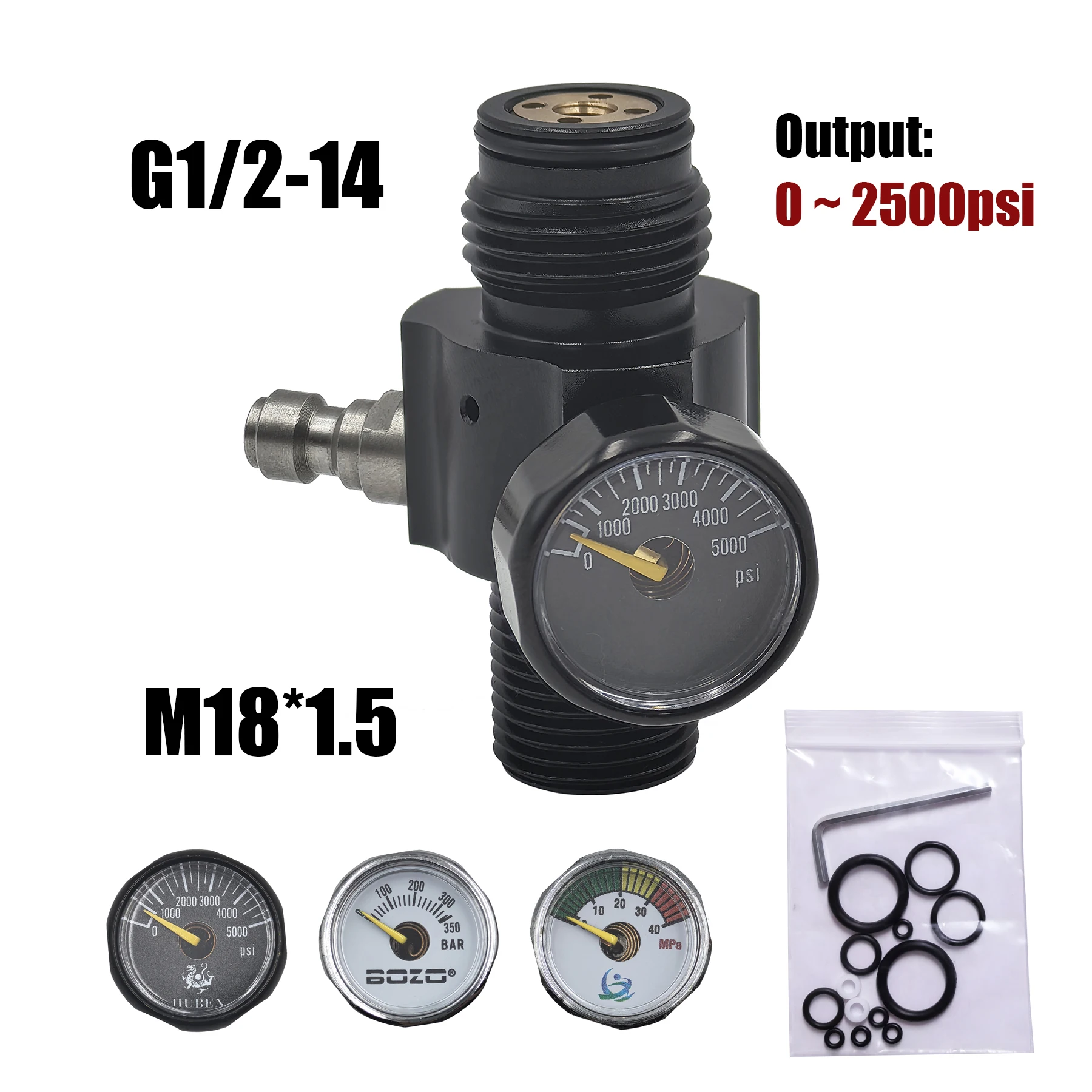 Valvola di regolazione del cilindro del serbatoio dell'aria pressione di uscita regolabile da 0 a 2500psi filettature M18 * 1.5 con manometro 40Mpa/350bar/5000psi