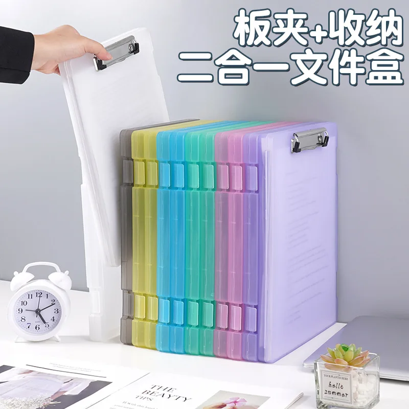 Multifunctional file box a4 pen slot transparent desktop archive file organizer box board clip plastic writing board
