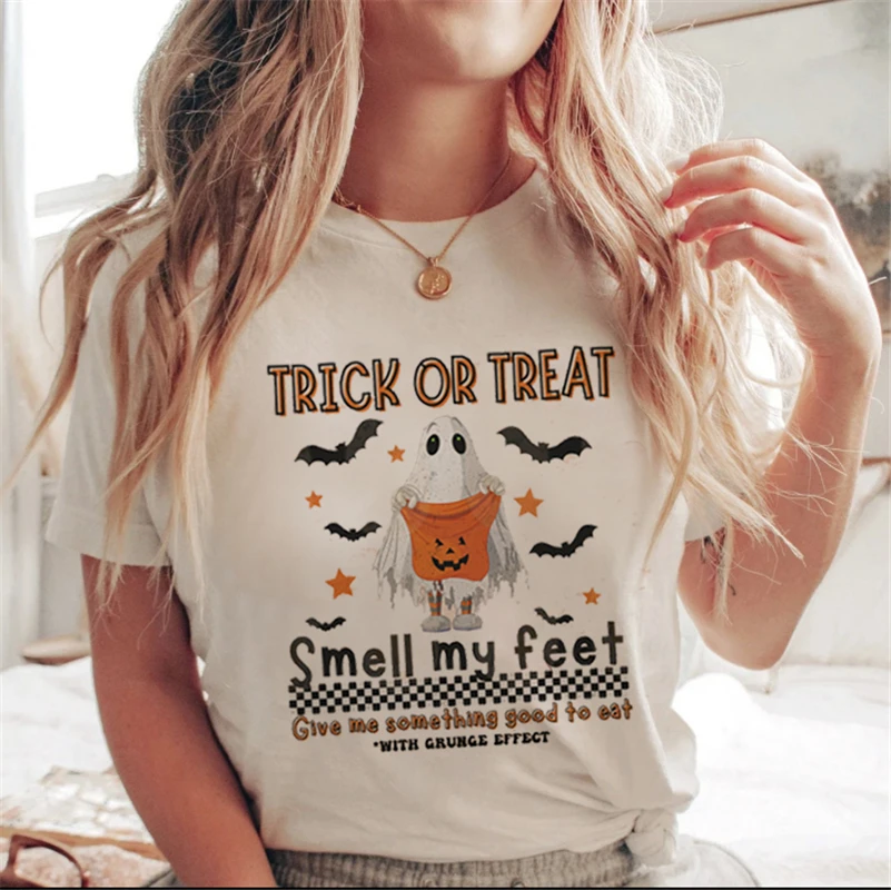 Lettera stampata bianca cartone animato Halloween autunno maglietta casual vestiti tendenza anni '90 donna donna T costume donna stampa grafica925_voghion.com