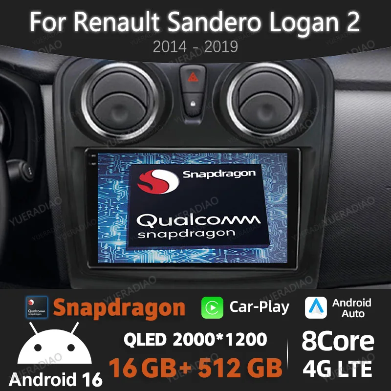 Radio para Auto Android 16 para Renault Logan 2 Sandero 2 2012 - 2016 2017 2018 2019, Unidad Principal con 4G, WIFI, BT, Reproductor Multimedia de Video QLED 1