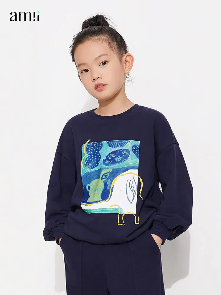 

amii kids Girls Sweatshirt Printed Oneck Loose Pullover Teenager Girls Tops Full Sleeve Cotton Hoodies Children Clothes 22130107