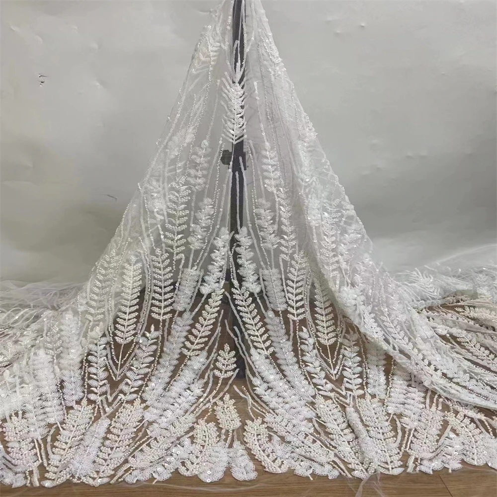 African Handmade Beaded Lace Fabric 2023 High Quality Nigerian French Tulle Lace Fabric For Wedding Dress Sewing  JH