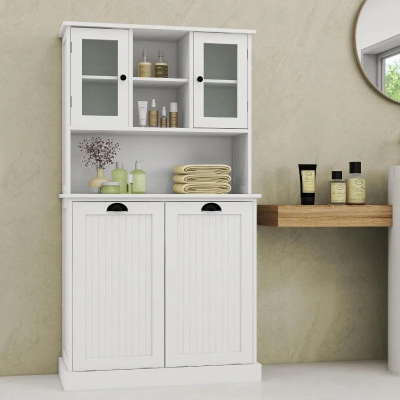 Tall Tilt-Out Double Doors Laundry Cabinet Hamper, Large Pull Out Laundry Room Storage Cabinets, Bathroom Cabinet 4