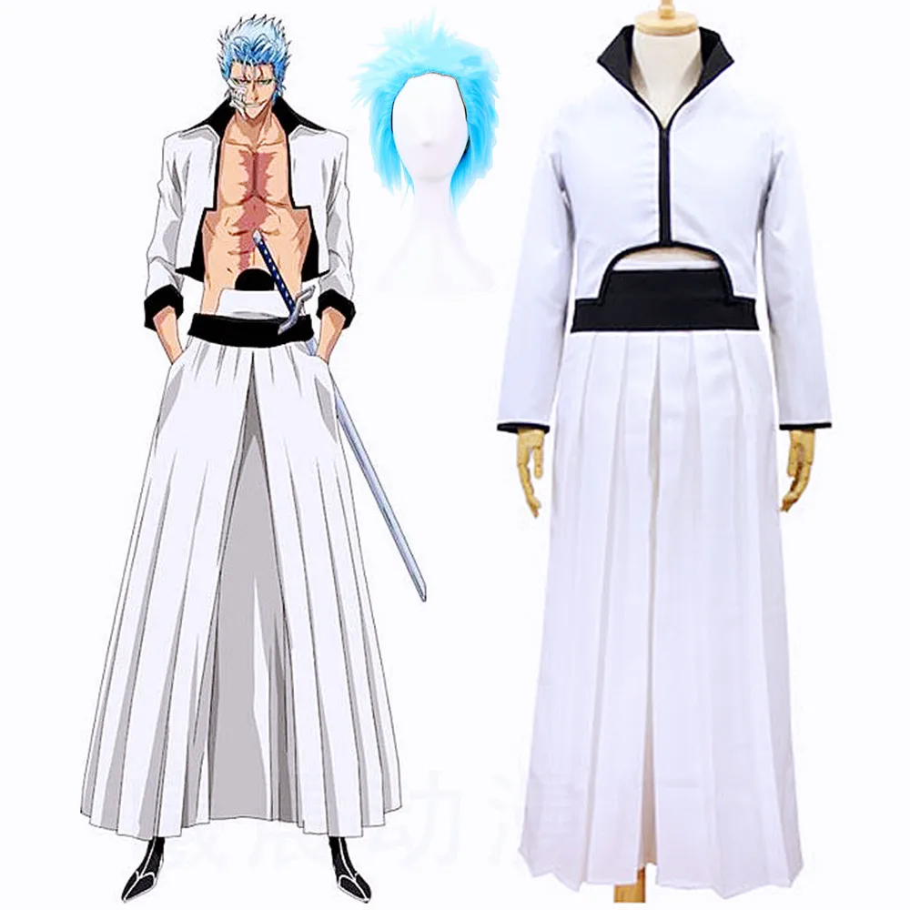 

Anime Bleach Grimmjow Jaegerjaques Cosplay Costume Blue Wig White Jacket Uniform Thousand-Year Blood War Halloween Men Clothes