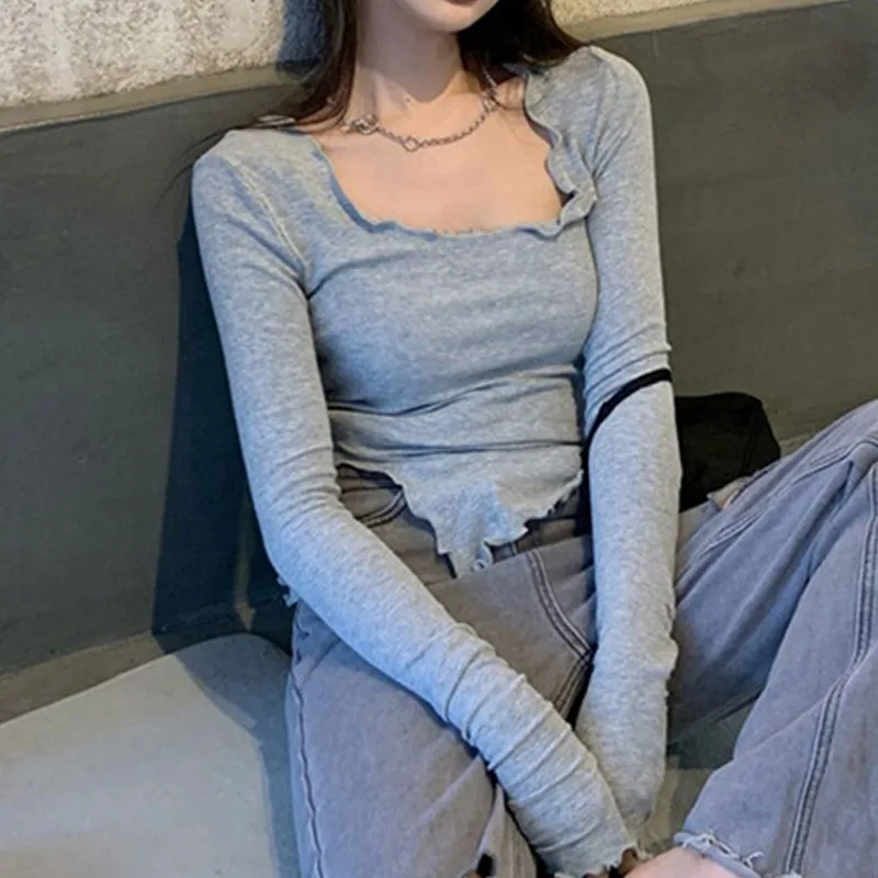 Women's Slim Fit Long Sleeve Bottoming Tees Round Collar Tops Grey Spring Autumn2025 New Fashion 908