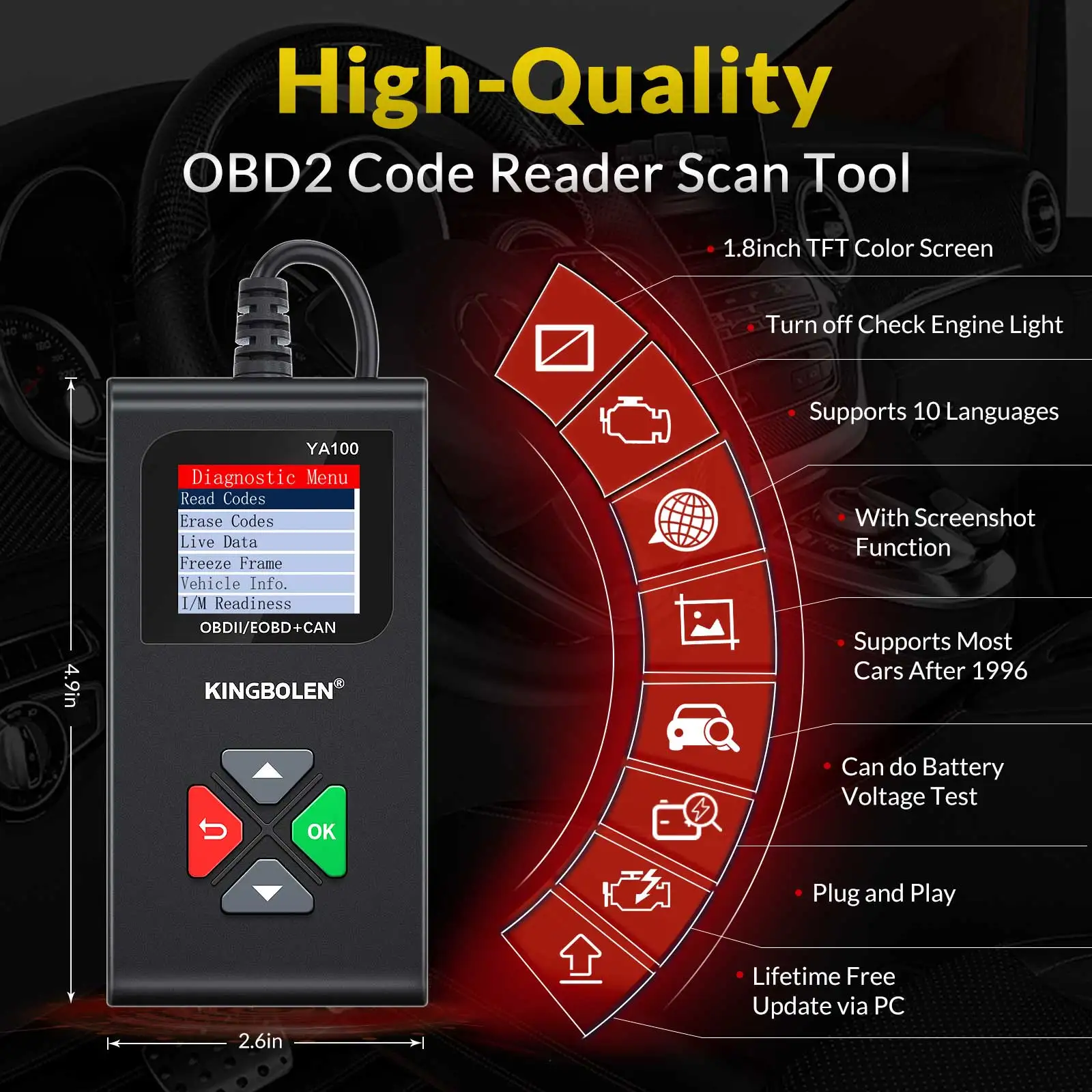 핫 세일링 KINGBOLEN YA100 OBD2 스캐너 풀 OBD2/EOBD2 기능 자동차 배터리 테스트 엔진 체크 진단 도구