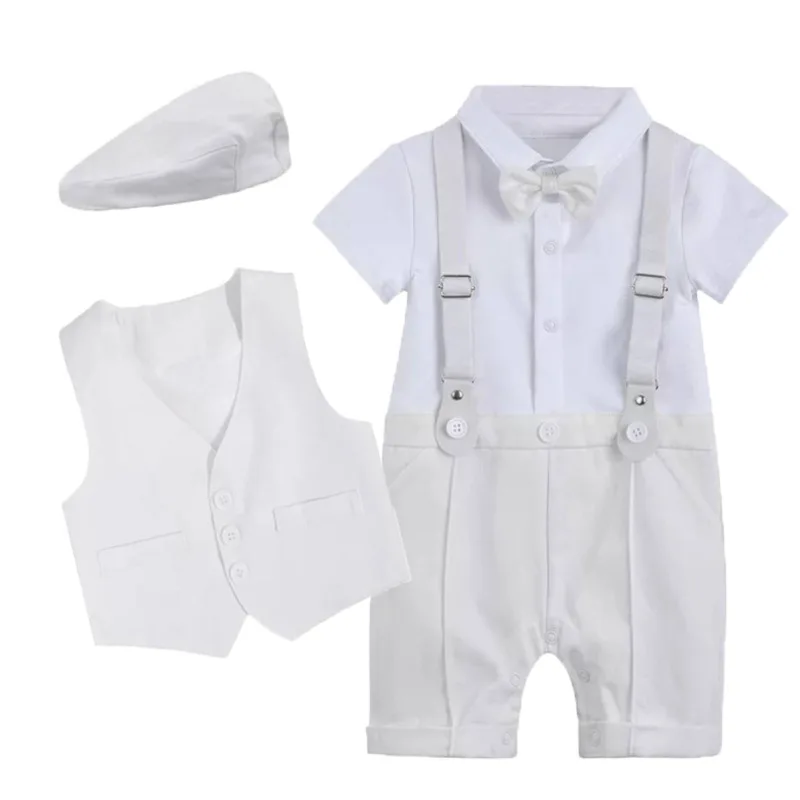 

Baby Boy Church Baptism Gentleman Romper Costume Set Jumpsuit Suits Baby Boys Christening Outfit Newborn Infant Hat Vest