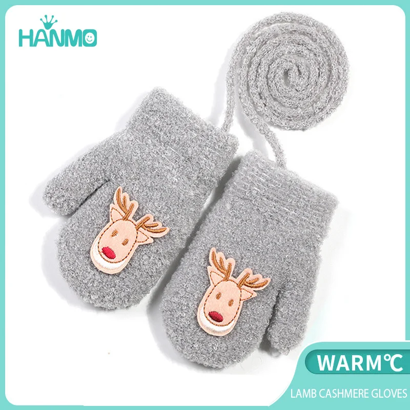 Children gloves baby antifreeze thick velvet warm mittens imitation lamb velvet hanging neck gloves Christmas deer Cute style