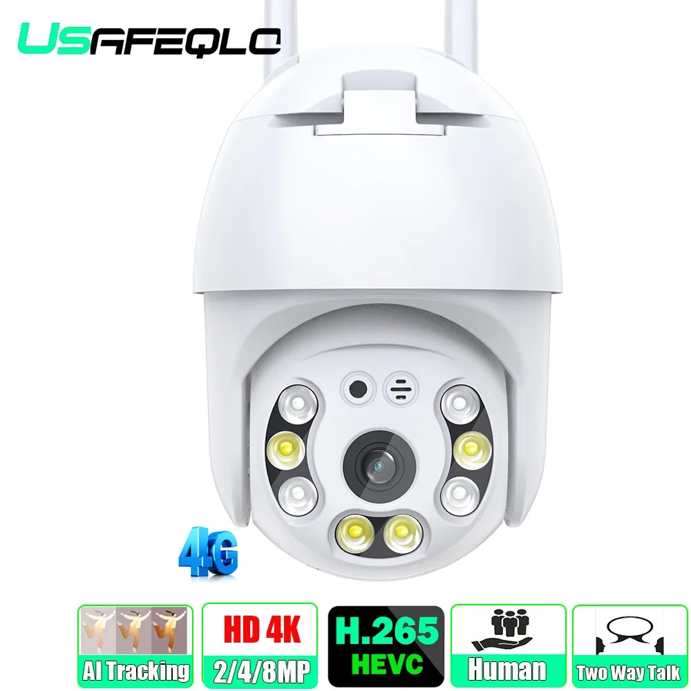 Usafeqlo 4K 2K 8Mp 4G Sim Surveilleacne Camera Ai Human Tracking Ip Camera Outdoor Color Night Vision Ptz Camera Icsee Alexa