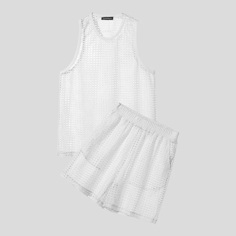 INCERUN Men Sets Solid Color Mesh See Through Hollow Out Sleeveless Tank Tops & Shorts Two Pieces Sets Streetwear Men's Suits