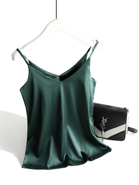 Spaghetti Strap Top Women Halter V Neck Basic White Cami Sleeveless Satin Silk Tank Tops Women'S Summer 2022 Camisole Green