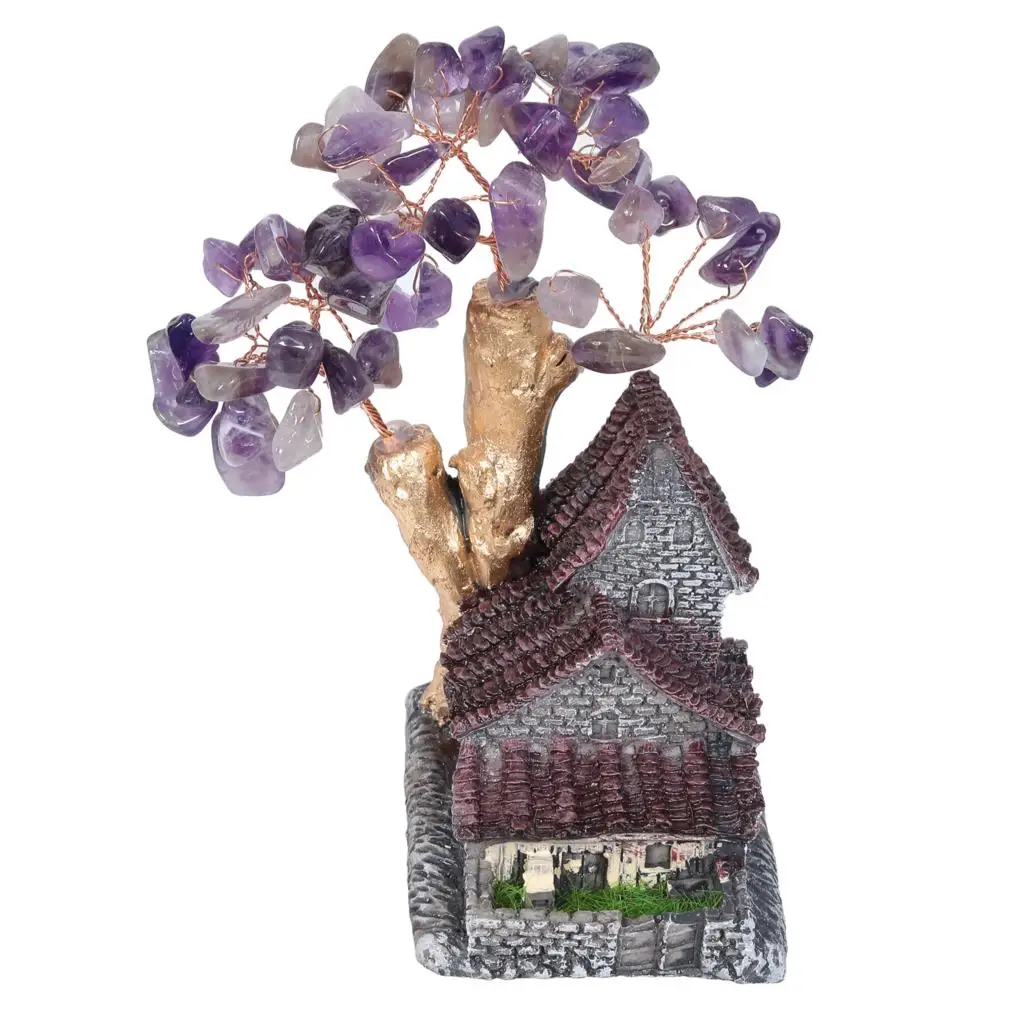 Ancient Chinese Mini Resin Tile-roofed House With Natural Amethyst Crystal Money Tree Healing Landscape Figurine For Home Decor