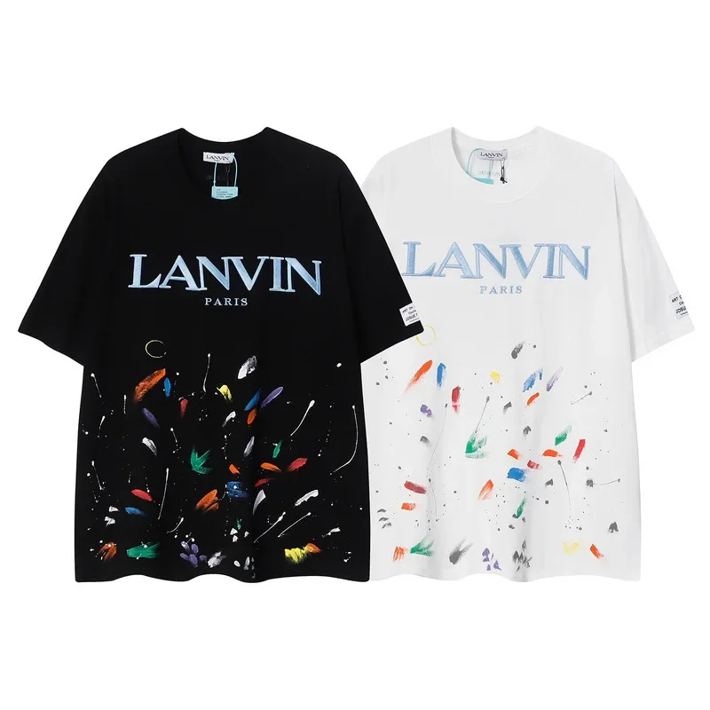 Lanvin 스플래시 잉크 자수 루즈한 라운드 넥 반팔, 다용도 남성 및 여성 커플 모델, 티셔츠 타이드, 2024 신제품