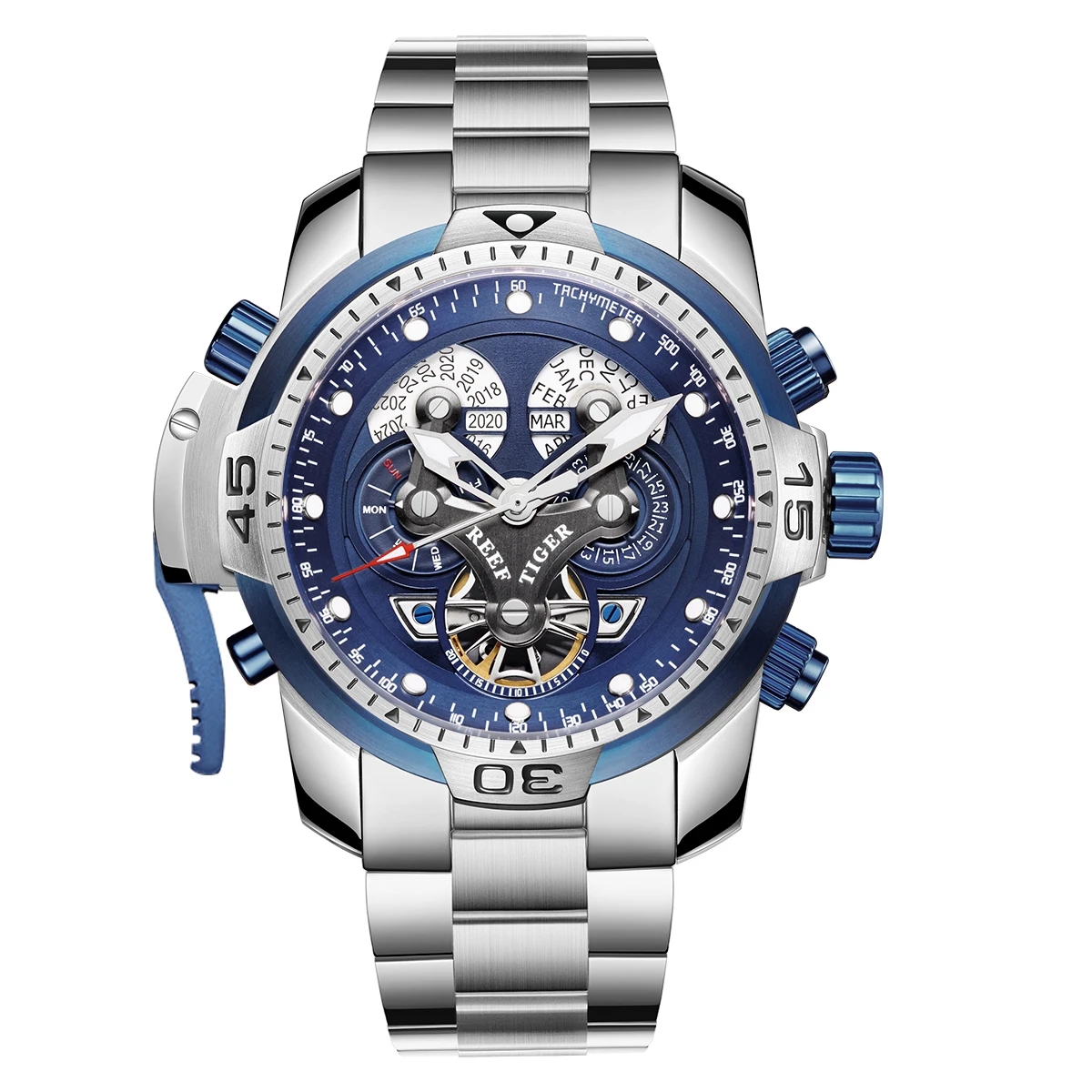 

Reef Tiger Mens Luxury Watches Military Automatic Mechanical Wristwatch Skeleton Luminous Waterproof Perpetual Calendar RGA3503