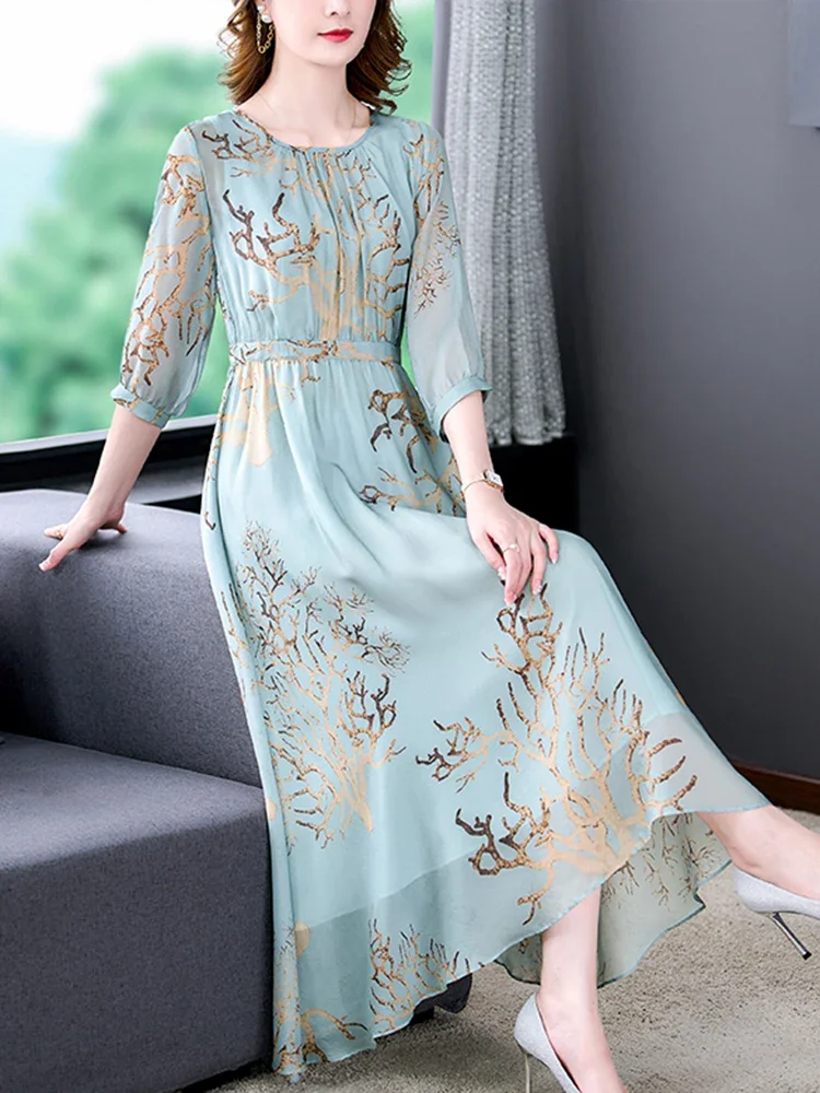 

Blue Print Natural Silk Light Elegant Midi Dress Spring Summer Boho Casual Beach Sundress Women Korean Bodycon Party Dress D61