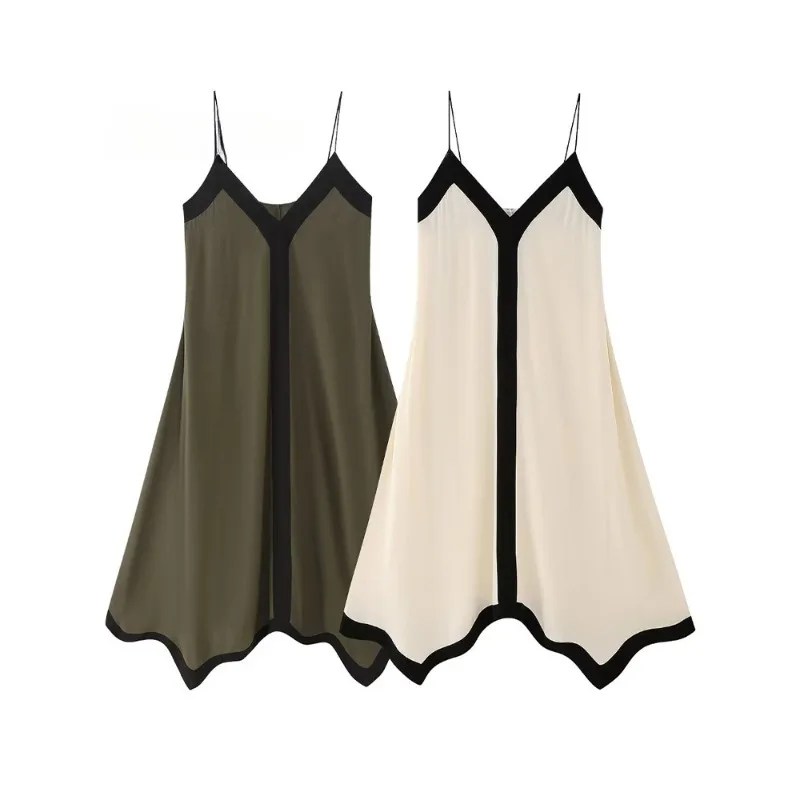 

Women Fashion Patchwork Backless Loose Midi Dress Vintage Thin Straps V-Neck Female Chic Lady Dresses Mini Dress