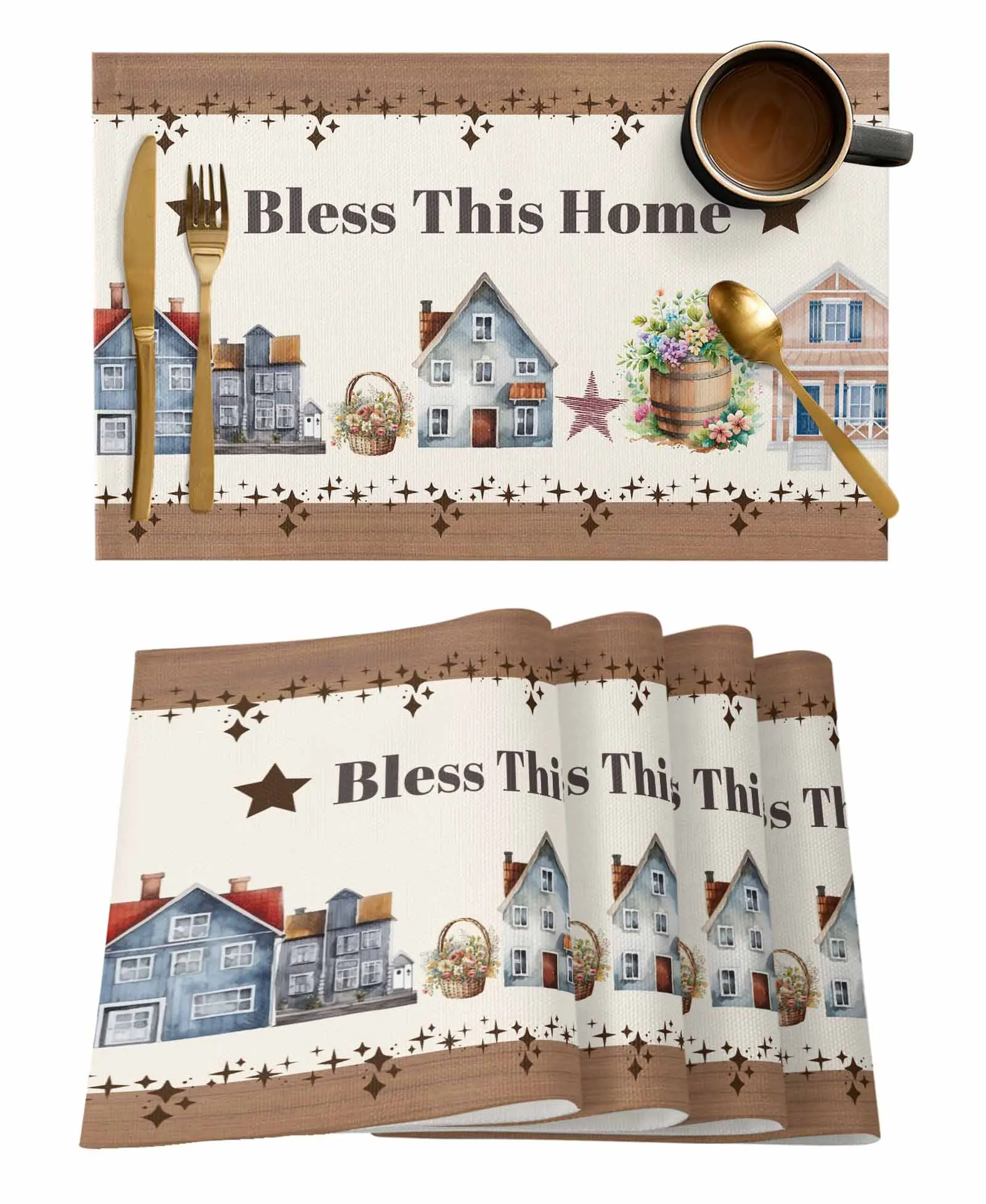 

4/6 Pcs Watercolor House Stars Wood Grain Placemat Kitchen Placemat Home Decoration Dining Table Mats Coffee Coaster Mat