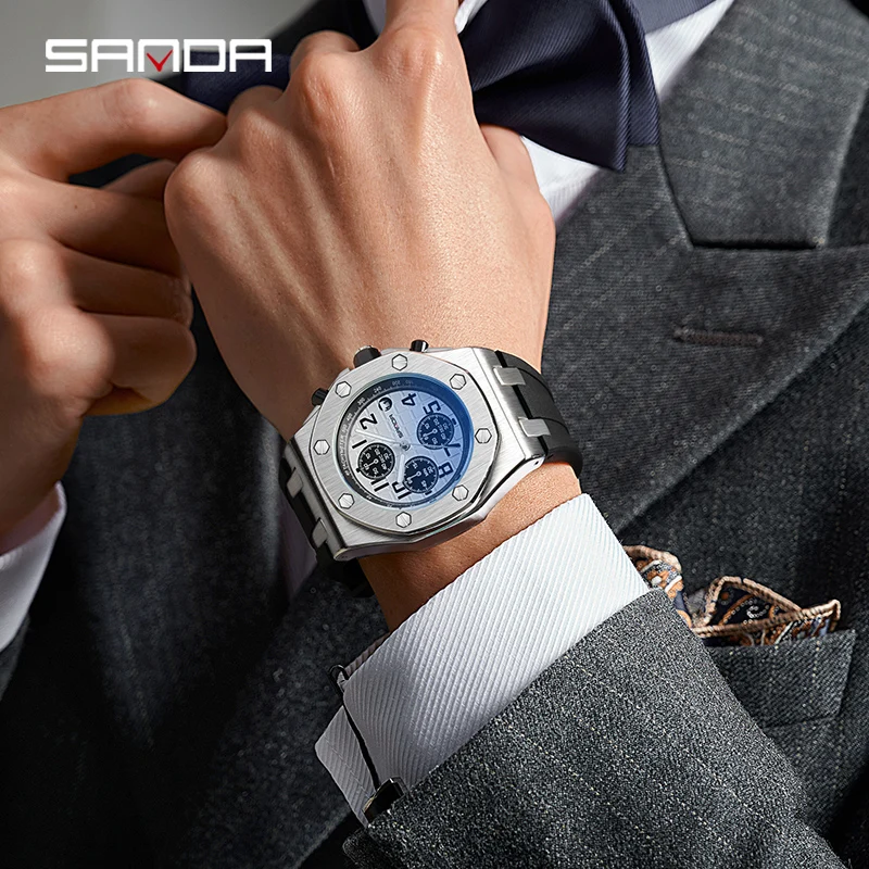 2023 New Nightlight Three Eyes Six Needle Quartz Watch Fashion Trend Multifunctional Timing Calendar Digital SADNA 7029 Watch