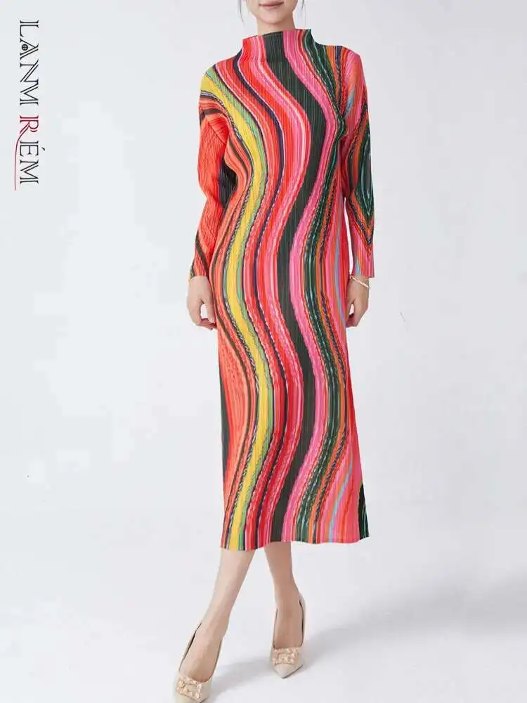 LANMREM High Collar Long Sleeve Women Dresses Contrast Color Striped Pleated Slim Mid-Calf Elegant Fashion Clothing New 2DC1022