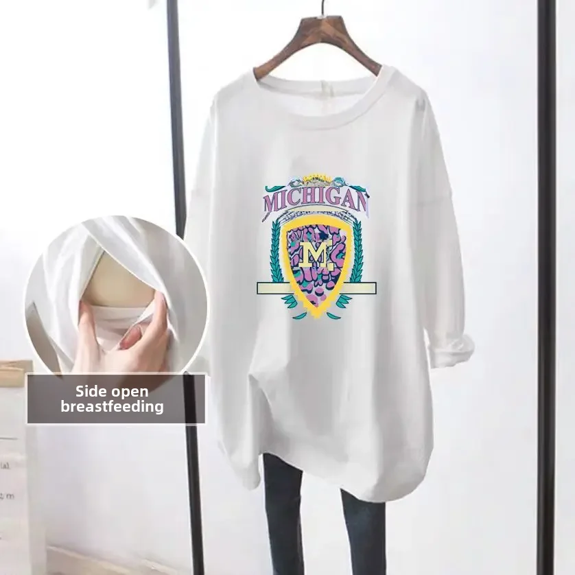 야외용 수유 상의, 루즈핏 긴팔 티셔츠, 용수철 가을 시즌 모유 수유 의류, 산후 착용