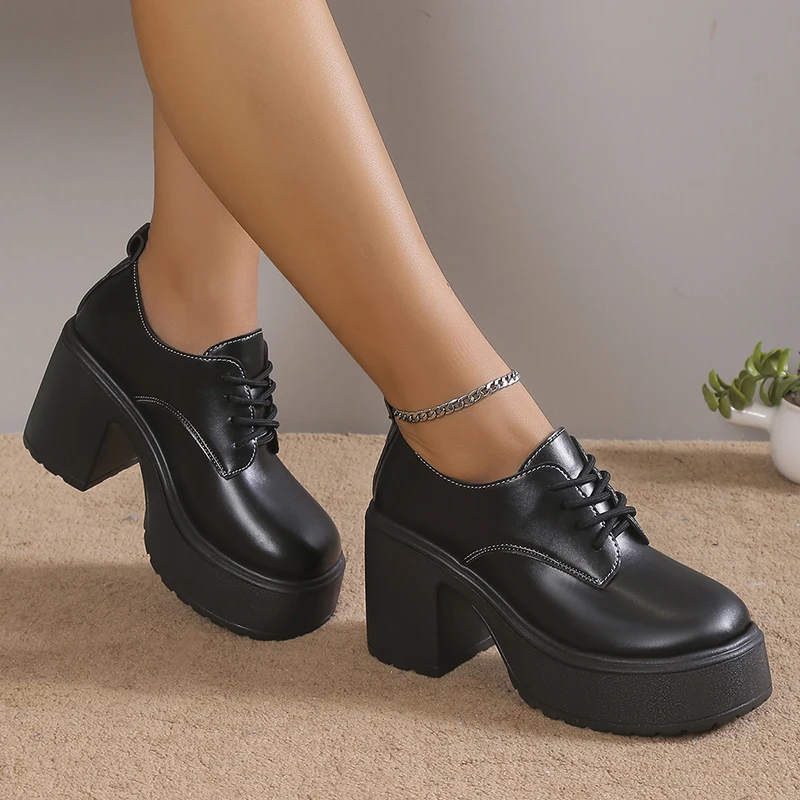 

Lucyever Black Pu Leather Platform Shoes Women Retro Round Toe Chunky Loafers Woman Plus Size Lace Up Office Pumps Ladies 42