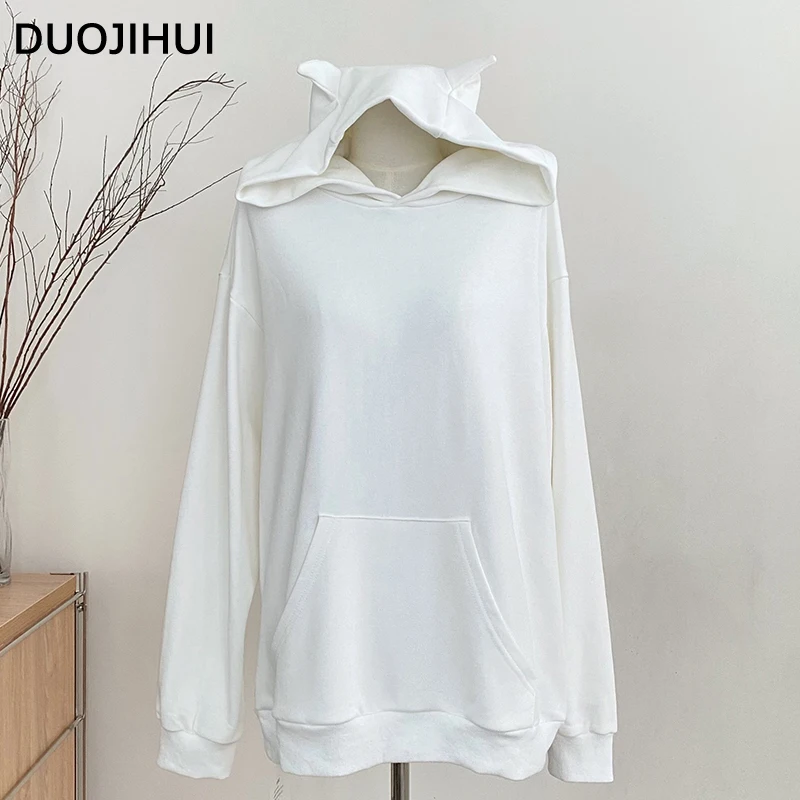 DUOJIHUI White Classic Hooded Loose Female Hoodies Autumn Chic Pocket Fashion Simple Solid Color Basic Pullover Women's Hoodies